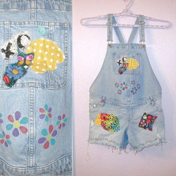 Isabel Maternity PATCHWORK Bib Overalls Size 10 SHORTALLS Shorts DIY Romper BOHO - Picture 1 of 12